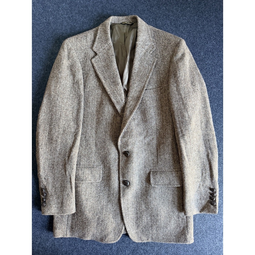VTG Harris Tweed Men's 42L Wool Blazer Sport Coat Jacket Brown Herringbone USA